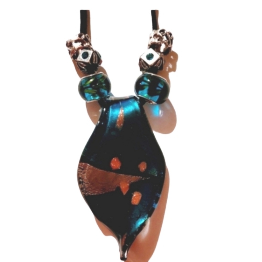Glass Abstract Pendant on Leather Shoelace Cord.